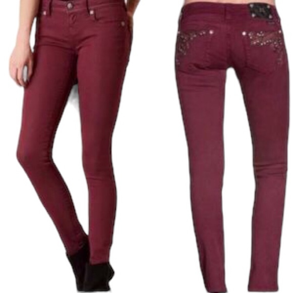 Miss Me Signature Skinny Burgundy Embellished Ankle Jeans Size 30